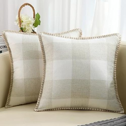 Uhome Buffalo Plaid Check Throw Pillow Covers 18x18 Set of 2, Outdoor Decorative Farmhouse Neutral Pillow Covers with Stitched Edge for Bed Couch Sofa, Cream White and Beige