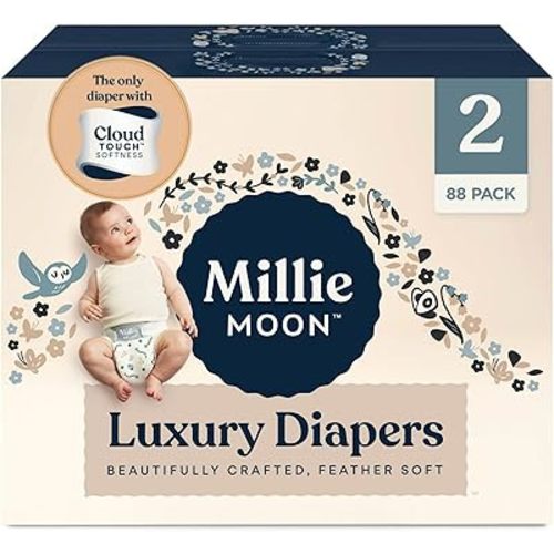 Millie Moon Luxury Diapers – Ultra Soft CloudTouch Disposable Diapers with 12 Hour Absorbency & Wetness Indicator (2-88ct)