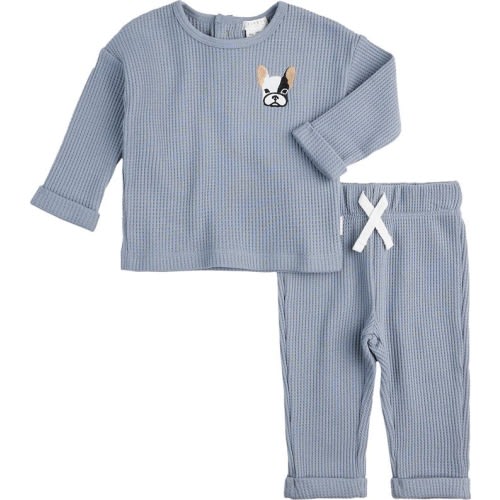 Baby Frenchie Appliqué Thermal Knit Henley & Pants Set, 12 M, Blue