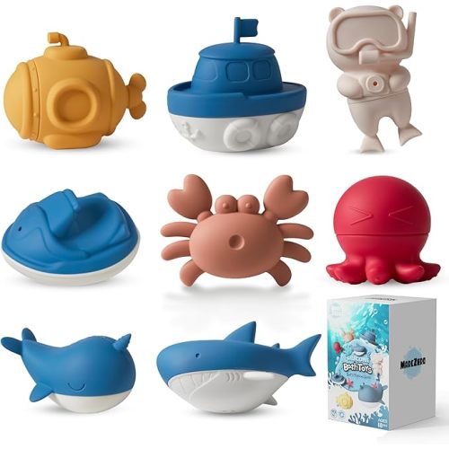 MarcZero Ocean Silicone Bath Toys 8Pcs for Toddlers Kids Babies,Bathtub Water Toys,Soft Squeezable Easy-Grip Pool Toys Set (Blue)