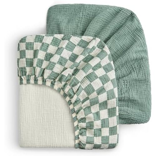 Blissful Diary Muslin Crib Sheets, 2 Pack, Sage Checkboard & Sage Green