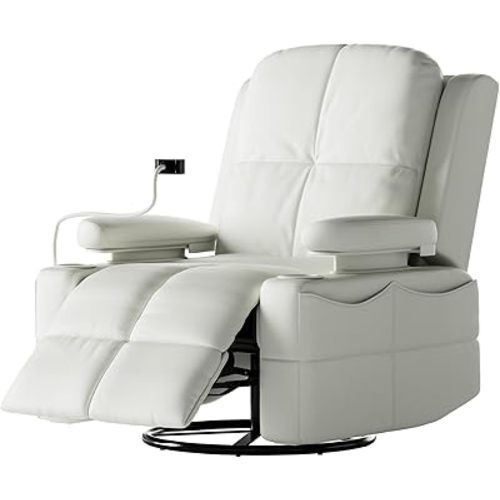 Rocking Chair Nursery with Adjustable Armrests, Electric Glider Recliner Nursing Chair for Breastfeeding, Power Swivel Recliner Chairs with USB Port and Storage, FSC Certified (Vanilla)