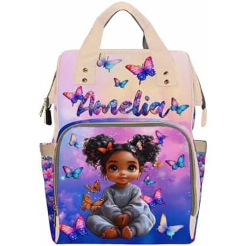 Custom Diaper Bag with Name, Personalized School Bag for Girls Butterfly Pattern, Monogram Nappy Backpack with Thermal Pockets for Adults Kids, Large Capacity Waterproof Diaper Bag, Travel Gifts