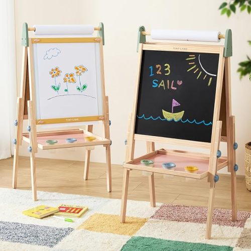 Tiny Land Easel for Kids with 2 Drawing Paper Roll, Adjustable Kids Art Easel, Learning-Toy for 3,4,5,6,7,8 Years Old Boy & Girls, Wooden Chalkboard & Magnetic Whiteboard & Painting Paper Pink