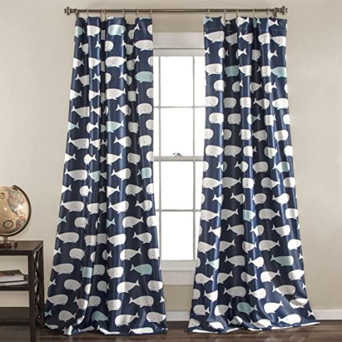 Lush Decor, Navy Whale Curtains-Animal Ocean Print Design Light Filtering Window Panel Set for Living, Dining, Bedroom (Pair), 52" W x 84" L