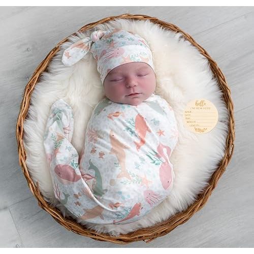 Newborn Swaddle Sets with Headband Beanie and a Name Card Baby Snug Wrap Receiving Blanket for Baby Boys Girls (Pink Ocean Fish)