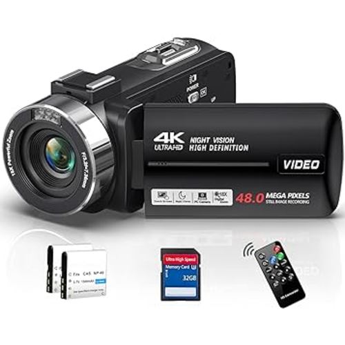 4K Video Camera Camcorder 48MP 30FPS with IR Night Vision,18X Digital Zoom Camera Recorder 3.0" LCD Touch Screen Vlogging Camera for YouTube with Remote Controller, 2 Batteries, 32GB SD Card