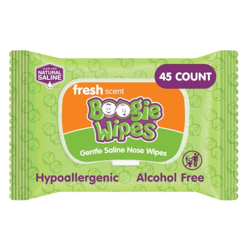 Boogie Saline Nose Wipes Fresh Scent - 45 Count | Hypoallergenic & Alcohol-Free, Allergy Relief, Made with Natural Saline, Aloe, Chamomile & Vitamin E, Diaper Bag Essential