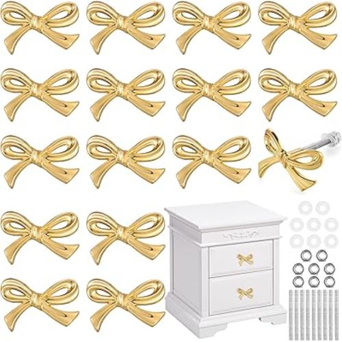 Bow Drawer Knobs Metal Bow Dresser Knobs Vintage Handles for Dresser Gold Handles for Home Bedroom Kitchen Cabinets Hardware Cupboard (Normal Size,16 Pcs)