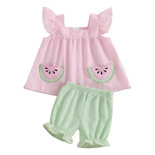 BSaogr Toddler Baby Girl Summer Clothes Watermelon Striped Print Sleeveless Tank Tops Ruffle Cuffs Shorts 2Pcs Sweet Outfit