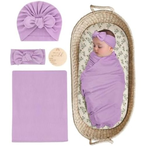 Stretchy Baby Swaddle Blanket and Headband Set, Newborn Receiving Blankets with Matching Hat for Nursery Swaddle Wrap