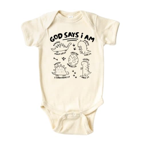 MangoHouse Cute Baby Bodysuit God Says I am Dinosaurs Shirt Premium Custom Baby Clothes Unisex Baby Announcement Gift for Mom Newborn Outfit (Short Sleeve Natural, 0-3m)