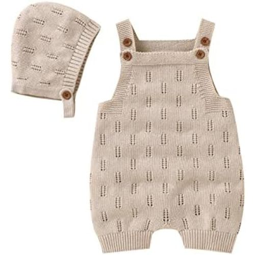 LAWKUL Baby Knit Romper Sleeveless 100% Cotton Jumpsuit with Hat Newborn Outfits Overall Bodysuit One Piece 2pcs