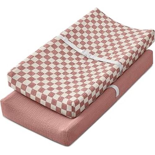 Blissful Diary Muslin Changing Pad Cover for Baby Girls, Ultra Soft Breathable Cotton, Baby Diaper Change Table Pad Covers, 2Pack (Checkered Pink & Dusty Pink)