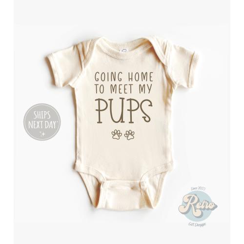 Going Home To Meet My Pups Onesie® Take Home Bodysuit Baby Arrival Announcement New Best Friend Onesie, Personalized Dog Name Onesie