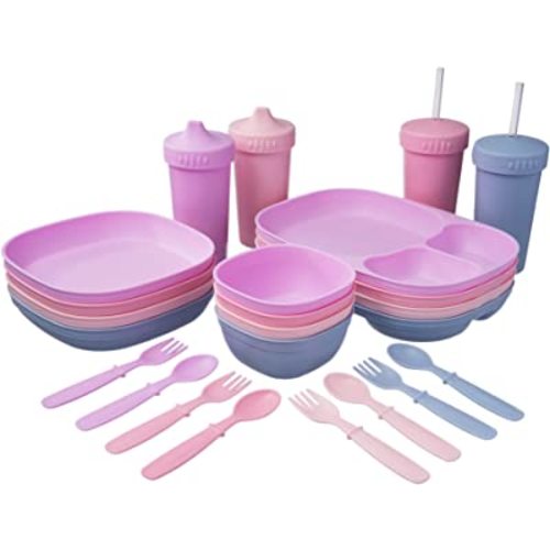 Kid’s Dinnerware Set - 28 Pieces, 4 Place Settings - Blossom Color Set - Tough Tableware for Toddlers - Made in the USA - Dishwasher and Microwave Safe - BPA Free and Shatter Resistant