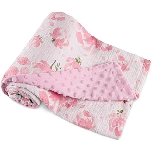 GLLQUEN BABY Blankets for Unisex Boys Girls, Muslin Cotton Front Soft and Breathable, and Dotted Fleece Backing, Printed Bed Nursery Minky Blankets for Toddler Newborn, Pink Flower, 30 x40 inches