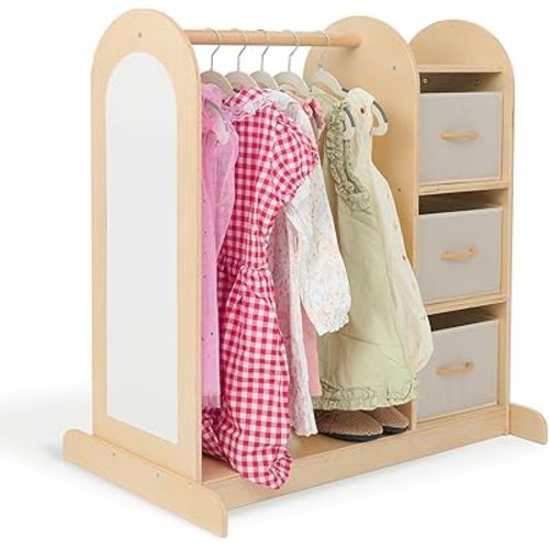 Monläurd® 100% Birch Kids' Dress-Up Closet with Mirror – Montessori Kids Armoire & Wardrobe for Costumes & Clothes, Toddler Furniture, Nursery & Daycare Essentials