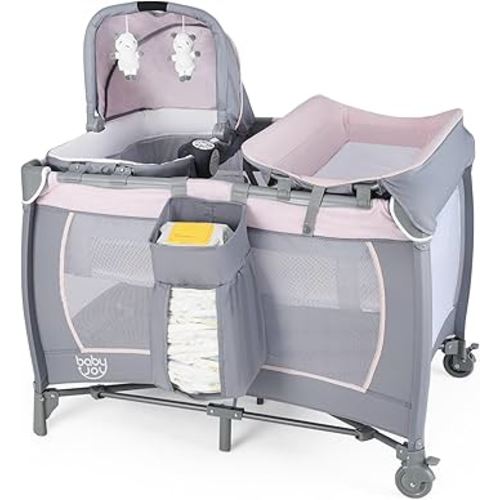 BABY JOY 5 in 1 Pack and Play, Portable Baby Playard w/Bassinet & Diaper Changing Table, Infant Pink Bassinet Crib with Toys & Music & Oxford Bag for Baby Girl Toddlers (Pink + Purple, Starry Sky)