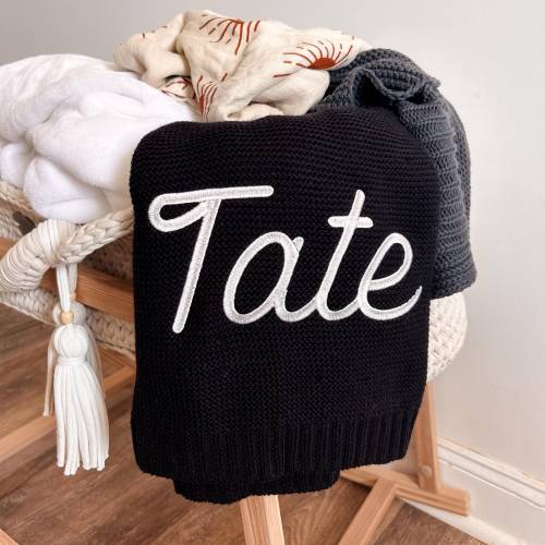 Embroidered Name Baby Blanket, Knitted Baby Name Blanket, Name Blanket for Newborn, Personalized Name Blanket for Boy, Black Blanket