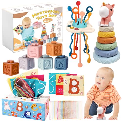 FEBALHS Montessori Baby Toys 6+ Month Old, 4 in 1 Montessori Toys 6 to 12 Months with Baby Stacking Toys, Baby Sensory Toys, Pull String Toys 1 Year Old Boy Girl Infant Toddler Toys Gifts Medium