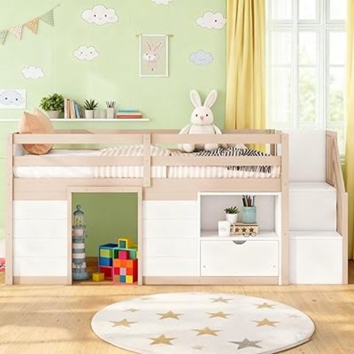 Twin Size Toddler Loft Bed with Stairs Storage Kids Bed Frame with Storage Shelf, Drawer and Playroom for Girls, Boys, Low Loft Bed with Strong Wood Slats Support, White Cream