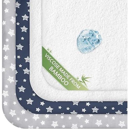 Pack and Play Sheets & Waterproof Terry Pack N Play Mattress Protector Pad Cover 4 Pack, Viscose Made from Bamboo Pack N Play Sheets Set, Grey & Navy