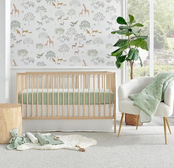 Levtex Baby - Cloud Muslin Crib Bed Set - Baby Nursery Set - Sage and White Stars - Sage Textured Muslin - 5 Piece Set Includes Quilt, Fitted Sheet, Two Swaddles & Bear Lovey