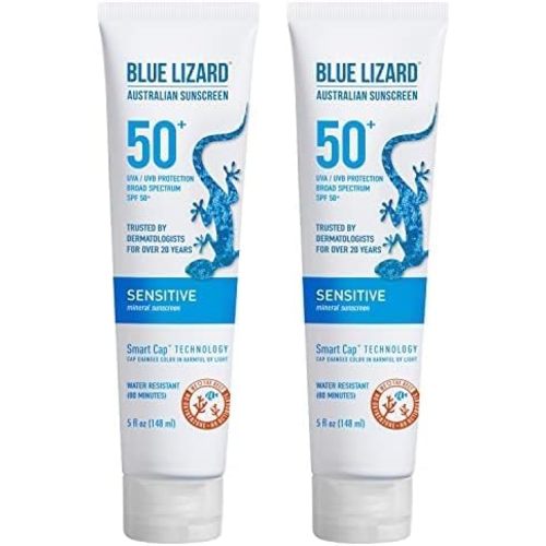 BLUE LIZARD Sensitive Mineral Sunscreen with Zinc Oxide 50+ Water Resistant UVAUVB Protection with Smart Cap Technology Fragrance Free, Sensitve, SPF 50 - - Tube, Unscented, 5 Fl Oz (Pack of 2)