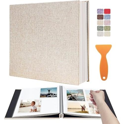 Photo Album Scrapbook – Holds 4x6, 5x7 & 8x10 Pictures – Self-Adhesive Pages for Baby, Wedding, Travel & Family Memories | Includes Metallic Pen & Scraper/Light Beige Large DIY Memory Book for Gifts