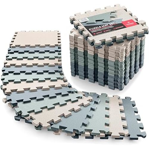 Gym Flooring Set - Interlocking EVA Soft Foam Floor Mat, 18 Pieces Puzzle Rubber Tiles Protective Ground Surface Protection, Play Workout Exercise Mats Underlay Matting Sports Pool Home Fitness Garage