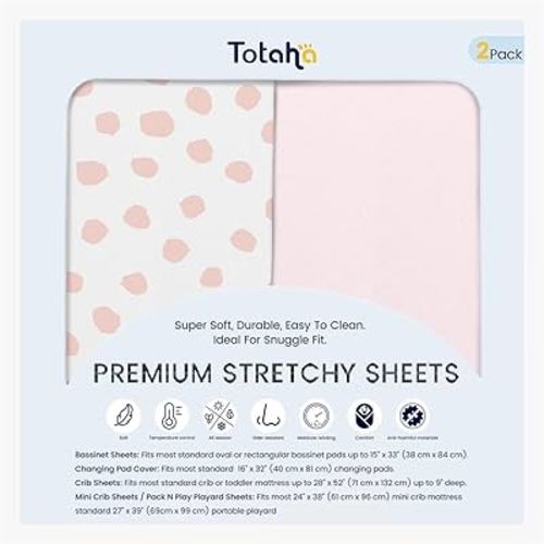 TotAha Premium Soft Pack n Play Sheets, Super Stretchy Jersey Knit Mini Crib Sheets Fitted, Silky Comfort Graco Pack and Play Mattress Sheets, 2 Pack