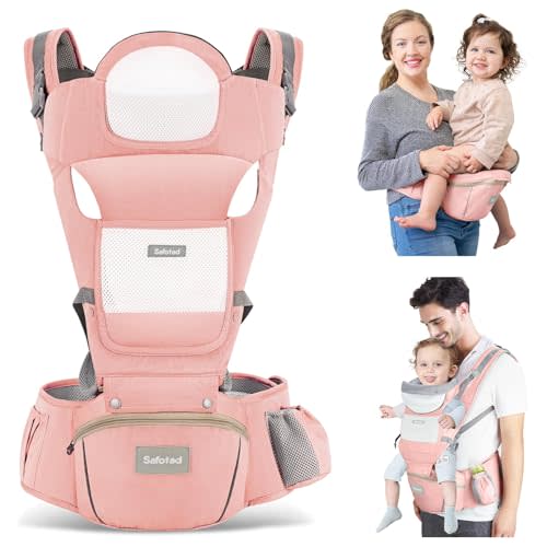 Safotad Baby Carrier with Hip Seat, Ergonomic M Position 6in1 Baby Carrier Newborn to Toddler,Head Support and Breathable Mesh Newborn Carrier,Adjustable Baby Holder Carrier for Dad&Mom-Pink