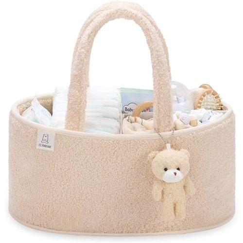 CLYMENE Baby Diaper Caddy Organizer, Nursery Storage Basket for Diapers and Wipes - Newborn Changing Table Essentials, Baby Gift Registry for Baby Shower - Diaper Tote Bag for Car Travel - Ivory