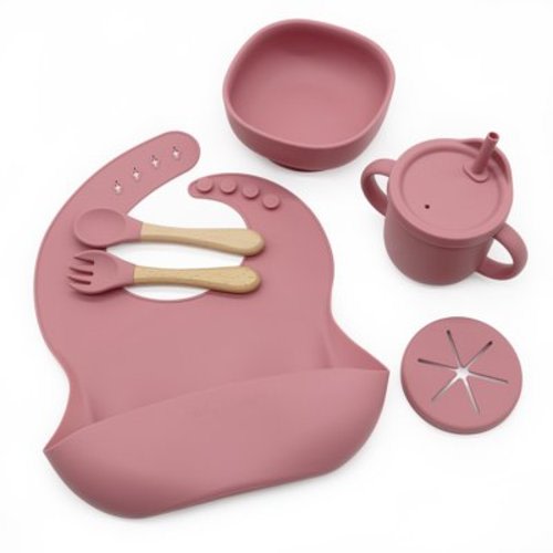 Rainbow & Butterflies |8 Piece| Silicone Baby Feeding Set – |Bib, Suction Bowl, Sippy Cup, 2-in-1 Straw & Snack Cup Lid, Straw, Spoon & Fork| – Food Grade Silicone, BPA Free