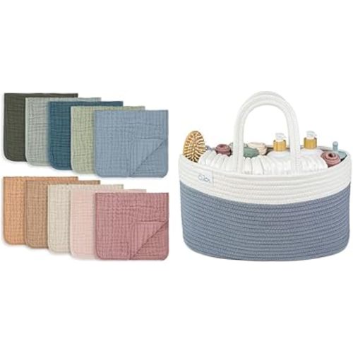 Comfy Cubs Muslin Burp Cloths and Diaper Caddy Organizer Bundled