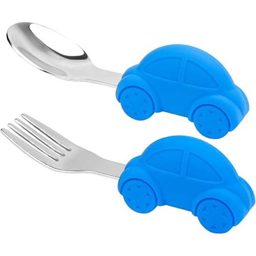 Toddler Spoon and Fork Set, Easy Grip for Baby, Toddler Children, Perfect Self Feeding Learning Utensils, 12 Month+ (Car)