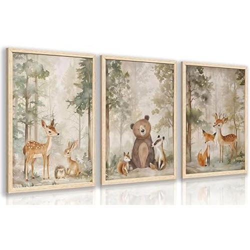Cyebmo Woodland Animals Wall Art Set of 3, Baby Boy Wild Forest Animals Wall Decor, Deer Bear Fox Canvas Painting, Neutral Aesthetic Pictures for Kids Room Benroom Nursery Wood Framed 16"x24"x3