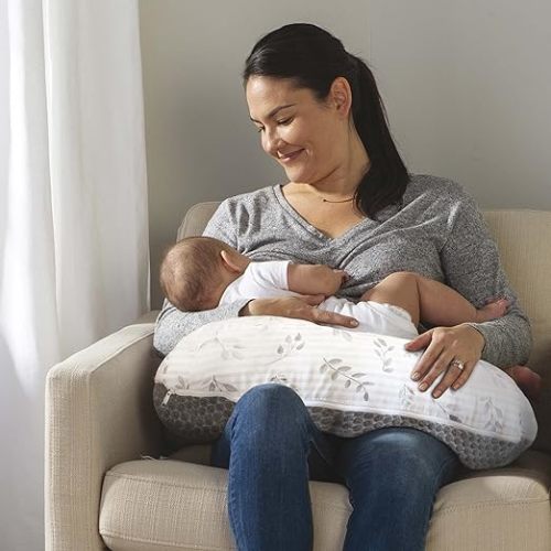Boppy Nursing Pillow Best Latch, Gray Pennydot Leaf Stripe, Lactation Consultant Created, Firm Contoured and Plush Sides for Breastfeeding Options, Padded Belt, Plus Sized to Petite, Machine Washable