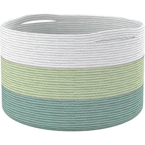 Recycled Cotton Rope Storage Basket - 21.7 x 21.7 x 13.8 Inches Extra Large Basket for Cushions, Blanket, Pillows, Toys - Stylish and Eco-Friendly Living Room Rope Basket - Green & White