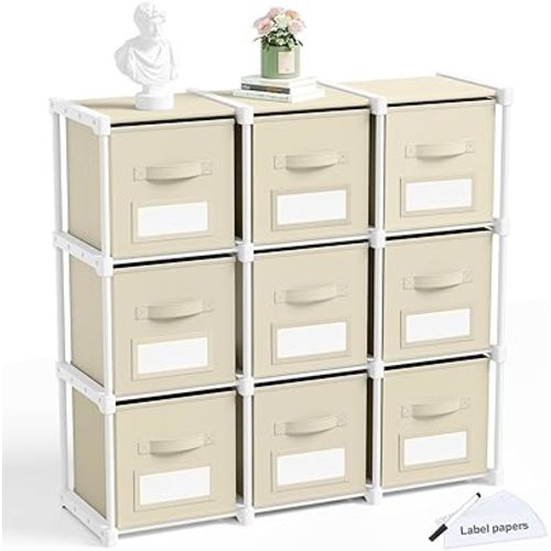 Geelin 9 Sets Cube Storage Organizer Shelf with Bins and Labels 11x11 Inch Fabric Cubby Storage Basket Toy Boxes Collapsible Clothes Closet Shelves for Home Room Books Toys (Khaki)