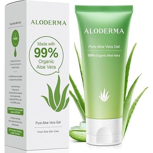 Aloderma 99% Organic Aloe Vera Gel Made within 12 Hours of Harvest, Easy Travel Size Tube for Body, Face, & Scalp, Cooling, Soothing Instant Relief for Skin & Sunburn, Hydrating Aloe Gel, 1.5oz
