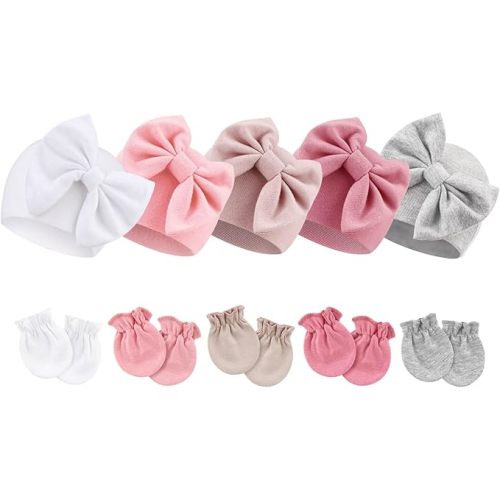 Newborn Baby Hats and Mittens Set Infant Bow Beanie Cap Toddler Gloves Newborn Hospital Hats for Baby Boy Girl 0-6 Months
