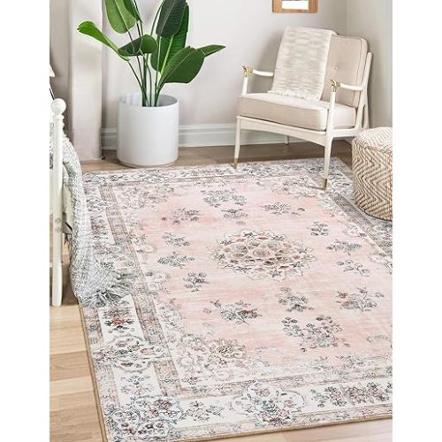 Lahome Washable 6x9 Area Rugs for Living Room, Soft Floral Pink Large Low Pile Rug for Nursery and Girls, Boho Ultra-Thin Non-Slip Carpet for Bedroom Indoor Floor Mat for Home Office Decor