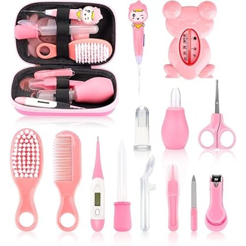 Baby Grooming and Healthcare Kit, Infant Safety Care Set with Hair Brush Comb Nail Clipper Nasal Aspirator Ear Cleaner,Baby Essentials Kit for Newborn Girls Boys (14 in 1, Pink)