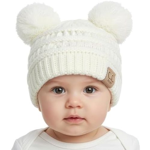 Funky Junque Double Pom Pom Baby Beanie – Newborn Girl Winter Hat 0–12 Months, Cute Cozy Knit Infant Beanies for Cold Weather