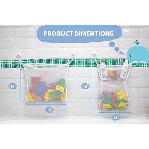 2 x Mesh Bath Toy Organizer + 8 Ultra Strong Hooks – The Perfect Bathtub Toy Holder & Bathroom or Shower Caddy – These Multi-use Net Bags Make Baby Bath Toy Storage Easy – For Kids & Toddlers