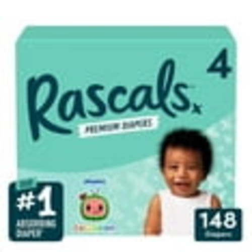Rascals Premium CoComelon Absorbent Baby Diapers Size 4, 148 Count (Select for More Options)