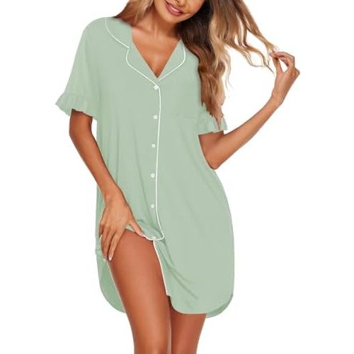 Ekouaer Nightgowns for Women Button Down Sleep Shirt Boyfriend Pajama Dress