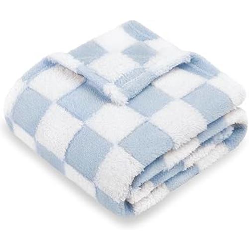 HOMRITAR Checkered Baby Blanket for Boys Girls Warm Cozy Reversible Checkerboard Toddlers Blanket, Fluffy Fuzzy Plush Lightweight Bed Blanket with Chessboard Grid Design 380GSM Baby Blue 30 x 40 Inch